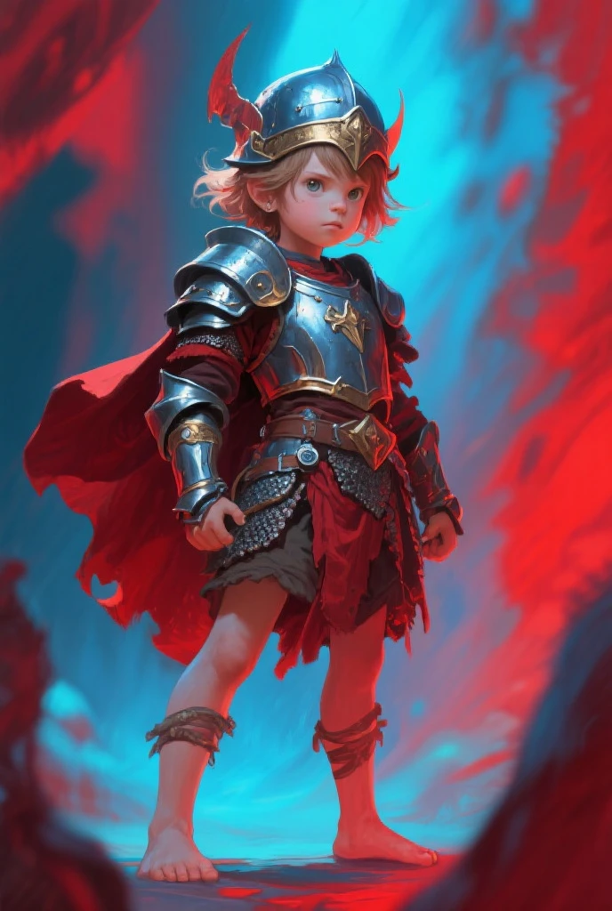 A little boy, European, white skinned, long yellow hair, 3 years old, blue eyes, Thor's clothes, Thor's red cape, Avengers 3, axe in hand, battle scene, battle stance, realistic, cinematic lighting --auto --s2