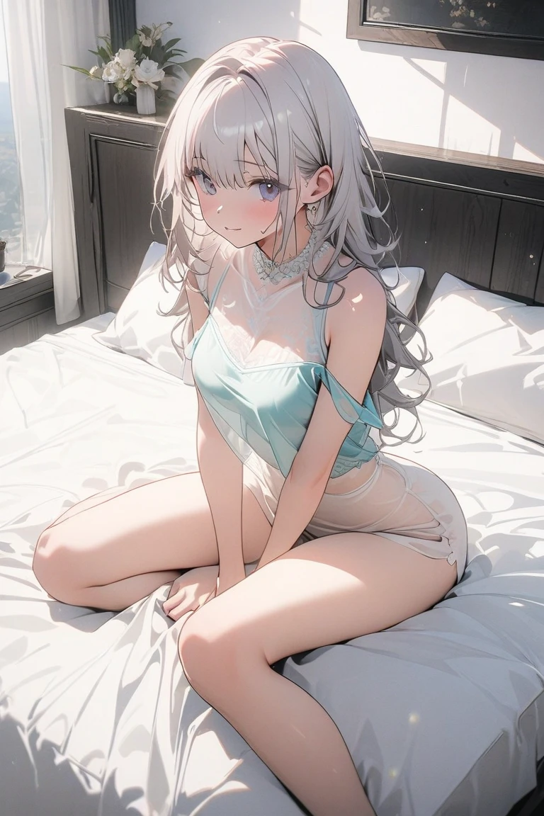 Character Details:, - Gender: 1Girl. Girly look, innocent look,
- Style: Anime, - Body Type: Attractive body, nice body, nice legs, slim tights, nice arms, nice shoulders. - Breast: (Cleavage, small Breast:1.2)- Facial Feature: Beautiful, Gorgeous, Teenager, Fresh, Young.
- Expression: Shy, Look, sweating, blush, open mouth, (blue eyes). - Hairstyle: Blunt Bangs. - Hair Color: (White Grey Hair:1.5), (Straight and Wavy Long Hair:1.3),
- Clothing: (office suit). - Body Pose: (lying, sleep on bed:1.3) (hands up). - Behaviour: Waiting, Want Something, Secretly.
- Accessories: Earrings, Thin Black Headband, Green Accessories, Environmental Details:, - Setting: Bed Room., - Lighting: Natural Light., - Decoration: Modern Bed, Chair, Window, White Curtain, City View. Top view. pov, anime style, UHD, retina, masterpiece, accurate, anatomically correct, textured skin.