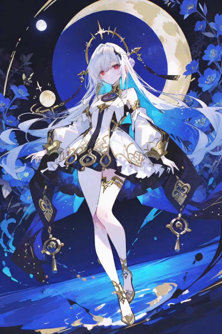 a very pretty white haired female leaning down on a bed next to a plant, 1girl, long hair, solo, breasts, very long hair, thighhighs, hair flowing over, looking at viewer, large breasts, cleavage, absurdly long hair, garter straps, white thighhighs, purple eyes, hair ornament, open jacket, bare shoulders, long sleeves, black jacket, jacket, sitting, thighs, high heels, dress, open clothes, off shoulder, white hair