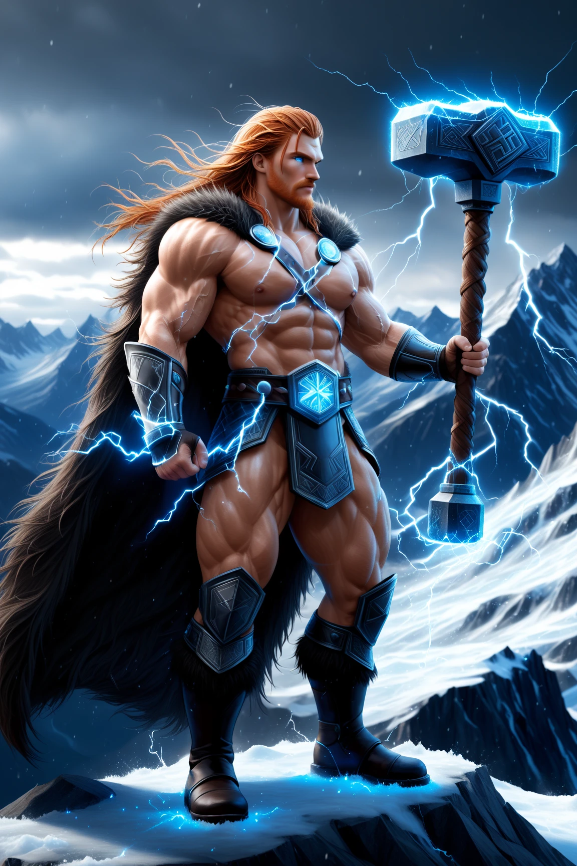 A frost mage is shaping two spirals of  frozen fire around himself. He is an absolute muscle monster, 20 years old short blond hair and stubble. Obscenely wide shoulders and traps. Very defined ‘V’ body shape with a narrow waist. Well defined six pack. Exceptionally hairy chest. Spinning a staff around himself