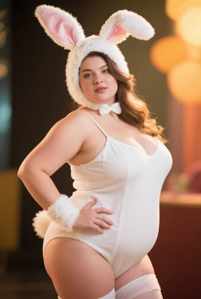 Girl with dark black hair, white, flat stomach, blue eyes, beautiful face, big , big ass, thick thighs, pink lips, small waist, in a sexy bunny costume, standing, bunny costume that shows her breasts