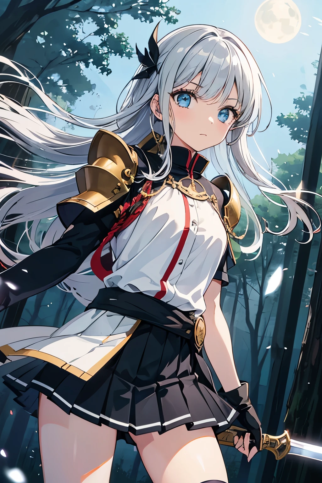 high resolution, 1girl, (night), deep forest, outdoor, standing, cowboy shot, Looking at viewer, from front, skirt flipped up for wind, silver hair, long hair, blue eyes, terrified, closed mouth, armor, white pleated skirt, (black knees-high socks:1.3), long sword on waist, best quality,