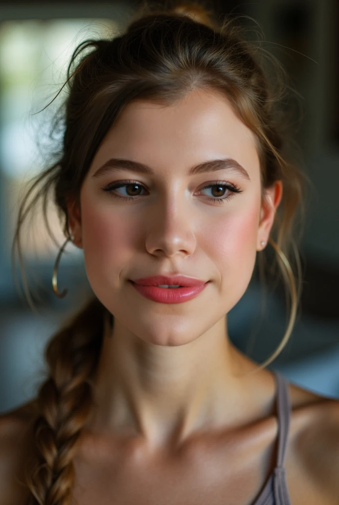 (shot from a Dutch angle, closeup on face:1.2) of photo of <lora:sd15_KaterinaSoria_locon_24_v1:.9> KaterinaSoria, smiling, she is wearing mouse costume , her hair is styled as dutch braid, BREAK she is (in the lounge:1.1), soft diffused lighting, 50mm ,Ektar 100 ,