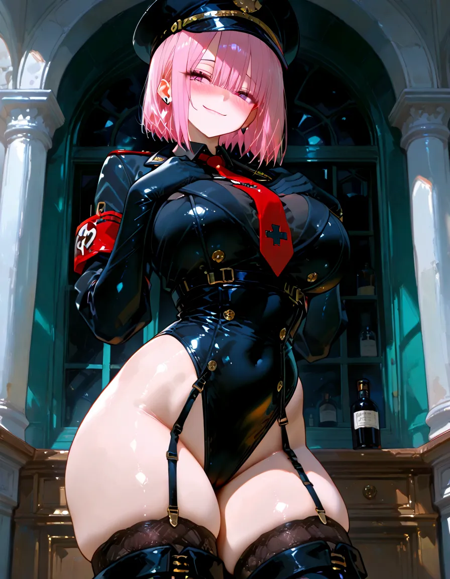 PERFECT MASTERPIECE, EXTREMELY DETAILED CG UNITY 32K UHD QUALITY RESOLUTION WALLPAPER, PHOTOREALISTIC, RAW PHOTO, PERFECT PHOTOGENIC CLARITY, OFFICIAL ART, AWARD-WINNING PORTRAIT, ULTRA HYPER-REALISTIC, ULTRA HYPER-DETAILED, SHINY REALISTIC SKIN, RAY TRACING, CINEMATIC LIGHTING, PERFECT COMPOSITION, The most beautiful and sexy demon girl, red skin, oni horns, short pink hair in a shaved mohawk hairstyle, vibrant glowing moonlight eyes, long detailed eyelashes, blushing, full pouting pink lips, curvy body type, full hips, super huge enormously gigantic tits, cleavage showing, gigantic tits bursting out of her outfit, tons of tattoos and piercings, wearing detailed full body one piece leather suit with lots of straps buckles and zippers, detailed thigh high leather boots with lots straps buckles and zippers, spreading her legs open arching her back in a sexy seductive slutty pose, looking at the viewer, close up pov camera view from below, sexy seductive slutty facial expression, luxurious gothic mansion background