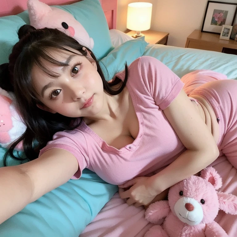 A beautiful girl with glasses and cat ears lying on a bed, smirking, pink dress, showcasing shoulders and thighs