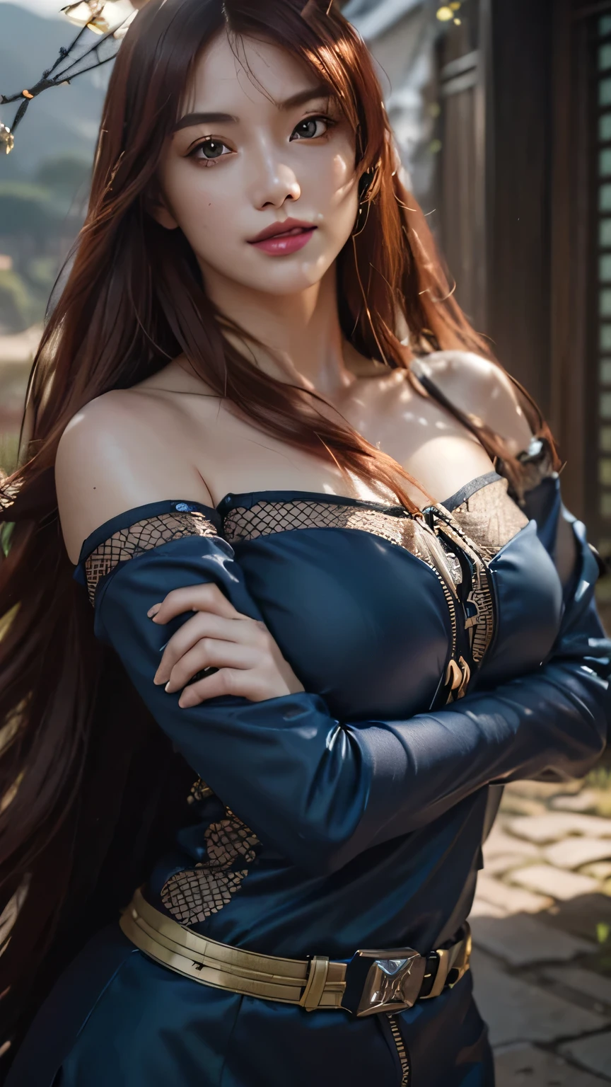 (lady: 1.3), (beautiful: 1.4), (tall: 1.3), (slim: 1.3), (sexy: 1.3), (long, red, curly hair: 1.2), (blue eyes: 1.3), (sharp chin: 1.2). (Long, blue dress with a deep neckline), (red high-heeled shoes), (small bag hanging on the shoulder). (Face Detail: 1.5), (Eye Detail: 1.5), (Photorealism: 1.3), (High Quality), (4k, hdr, dslr), (leibovitz:0.6)], (technicolor:0.9), (rutkowski:0.8), notable big lips, obedient mood, sweat drops on chest, (hdr:1.28), hyperdetailed, cinematic, warm lights, intricate details, hyperrealistic, dark radial background, (muted colors:1.38), (neutral colors:1.2)