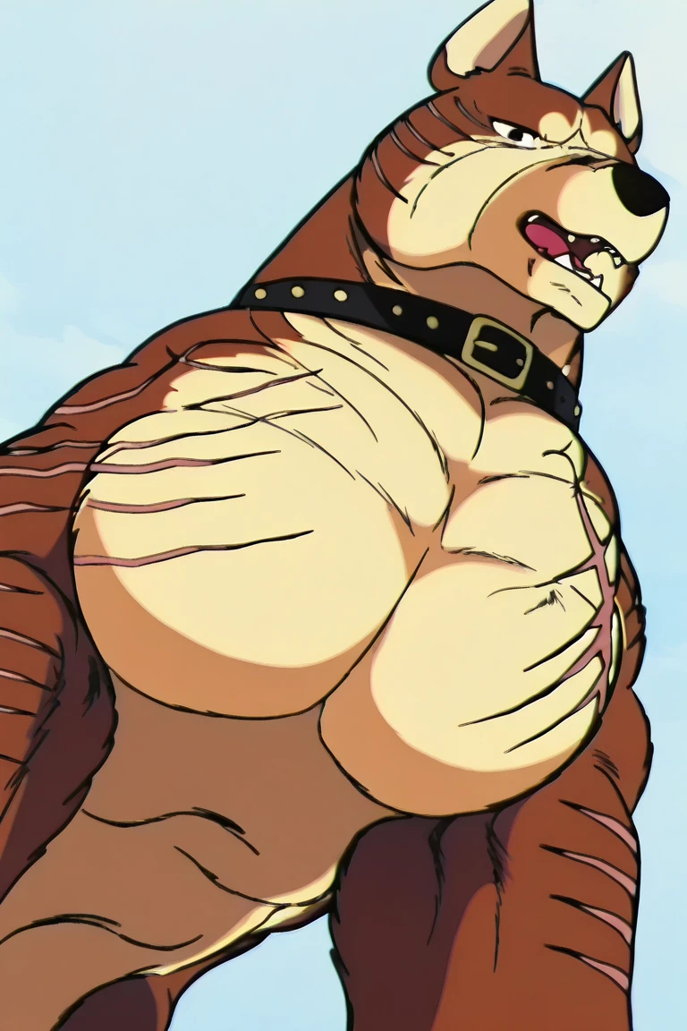 riki, detailed scars, brown fur, male, masculine, feral:1.1, quadruped, full body, (muscular forelegs, muscular neck, muscular shoulders, muscular hindlegs, muscular feral):1.2, heavyweight, pectorals:1.0, correct pectorals, paws, detailed, high quality, best resolution, cel shaded, solo, (no background, white background):1.5, dog tail, dog ears, cel shaded, brown eyes, detailed eyes, open mouth, teeth, looking at viewer, sitting on bed, (balls, sheathed cock, canine sheath):1.1, stern face, by wfa, by seibear, by rossciaco, by taran fiddler, by echin:0.5,