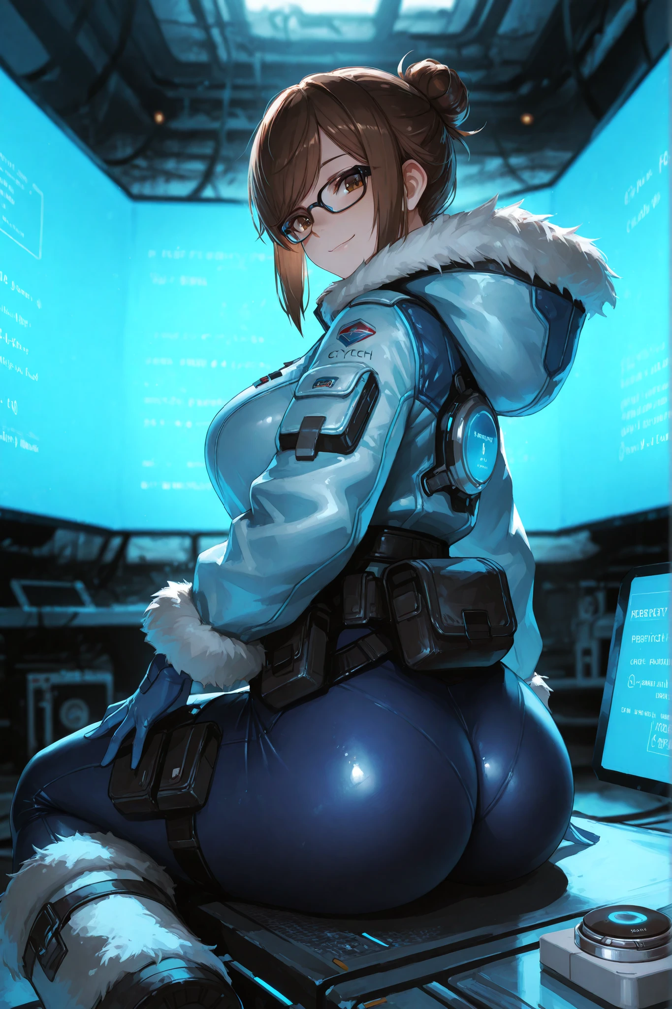masterpiece, highly detailed, cinematic lighting, hyper-detailed face, intricate textures, stunning composition, perfect anatomy, soft shadows, depth of field, professional digital art, cinematic ambiance, sharp focus, clean and polished rendering), attractive body, big breasts, thick thighs, wide hips, big ass, smooth and radiant skin, soft yet firm body contours, sensual and confident presence. mei_ow, brown eyes, brown hair, short hair, hair sitck, hair bun, sidelocks, swept bangs, black-framed eyewear, fur-trimmed jacket, blue jacket, long sleeves, belt pouch, utility belt, blue gloves, winter clothes, parka, fur trim, fur boots, beads, blue tight pants. Compact research room with icy blue lights, cryo tech, monitors, research notes, and a cold mist in a chilled atmosphere. friendly smile, sexy sitting pose, sensual, provocative, perky ass