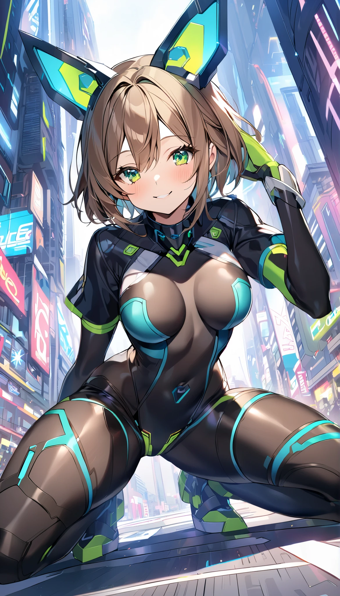 1teen_girl, kneeling with one hands on the ground solo, short hair, brown hair, short sleeves, (latex_bodysuit), robot ears, green eyes, short sleeves, short over long sleeves, bare_thighs,smile, in futuristic city, , high quality, medium_breasts,crotch, slouch,groin,dynamic_angle,open_legs,spread_legs,