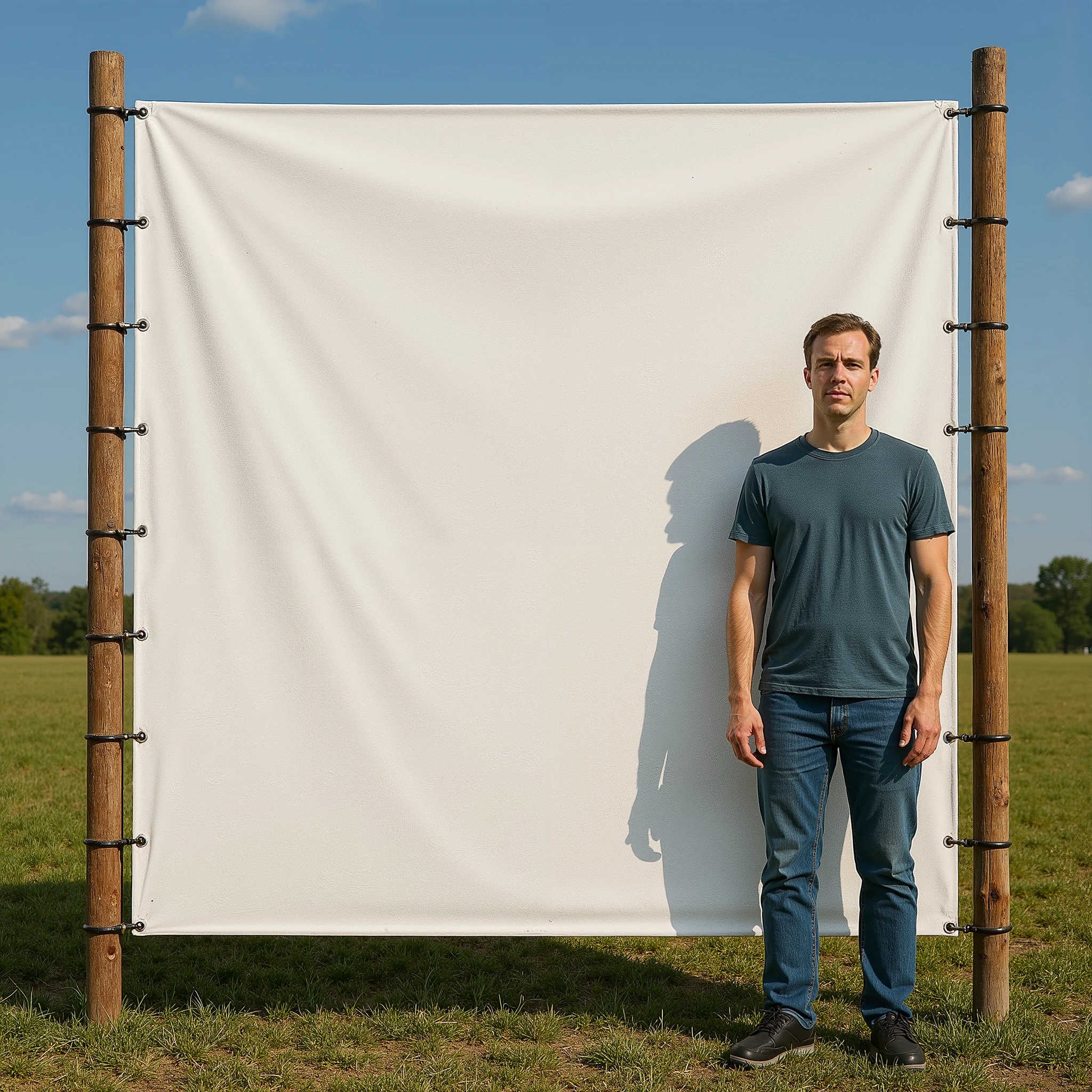 there is a man standing in front of a white screen in a field, portrait photo of a backdrop, large scale photo, non-illuminated backdrop, large format picture, large format photograph, giant scale, whitespace border, erik johansson style, huge scale, arranged in the golden ratio, daniel richter, large vertical blank spaces, rule of thirds highly detailed