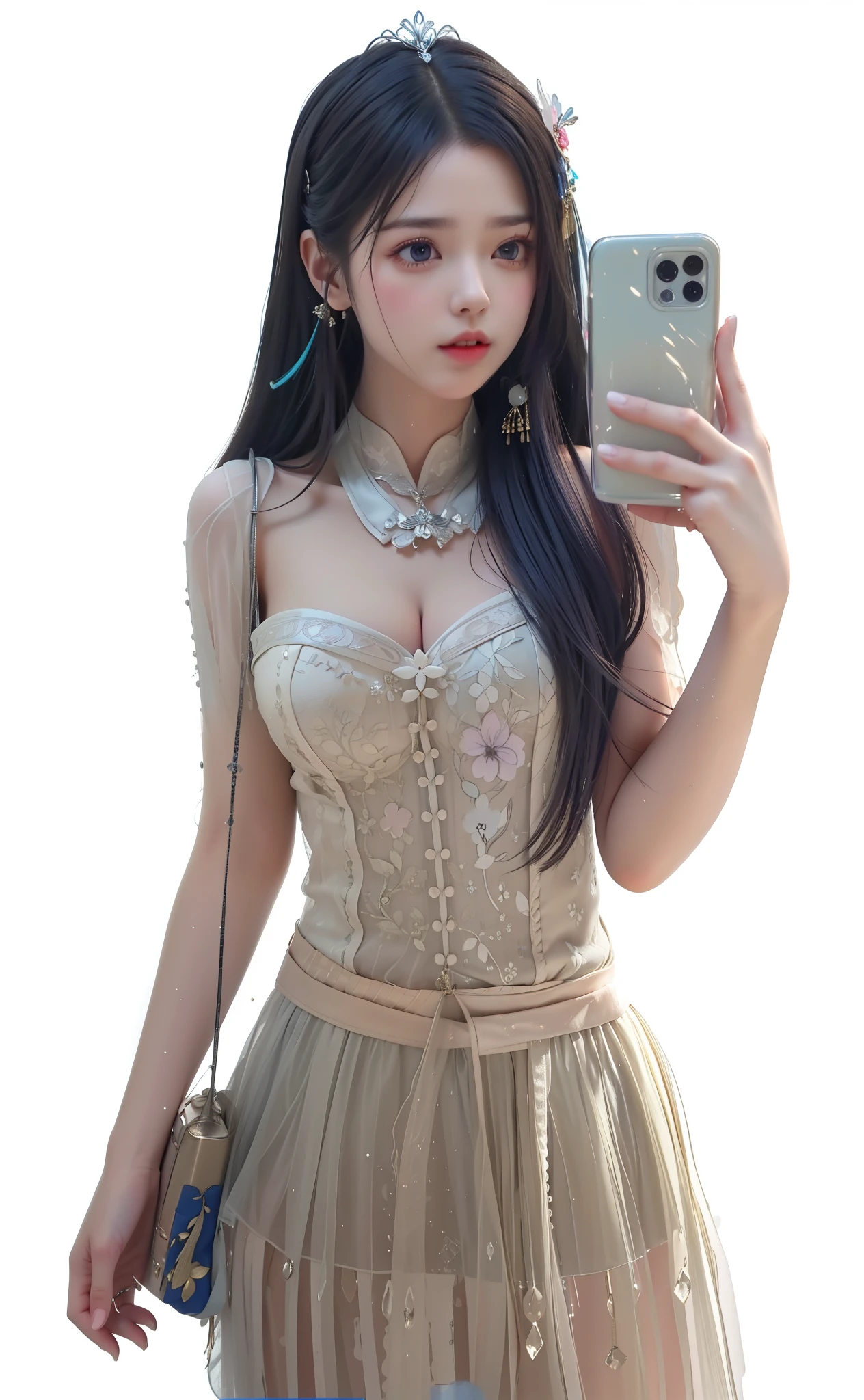 Top image quality、Raw photography、超A high resolution、Cute girl at 18 years old、Shooting for one person only、big round chest、cleavage of the breast、Patterned tank top、Skirt、Shiny hair、Beautiful Eyes of Details、very elongated eyes、Beautiful eyelashes、Beautiful double eyelids、Beautiful legs、eyeshadows、耳Nipple Ring、Standing bossily with hands on hips、Gestures to seduce a man