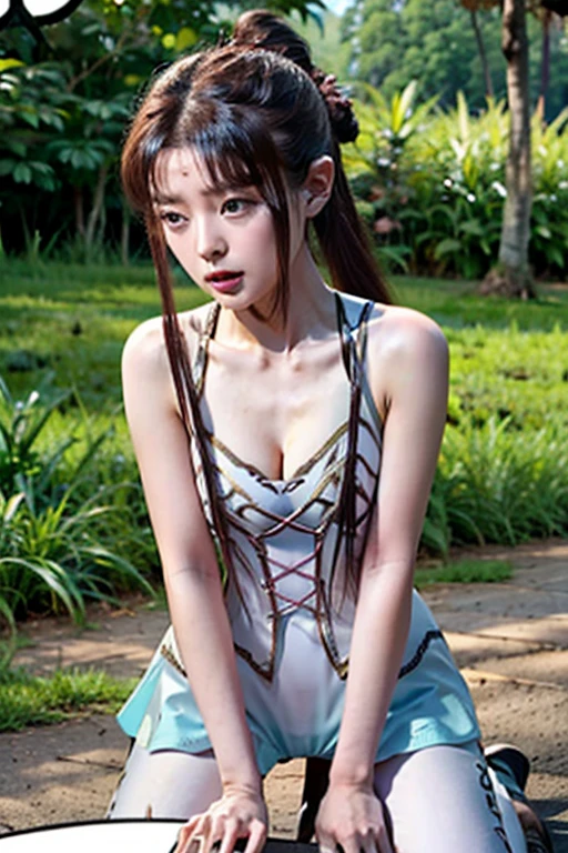 Best quality,(RAW photo:1.2),(Masterpiece:1.4),(Photorealistic:1.4),(A high resolution:1.4), 1girll, long whitr hair, pigtails, butterflys, depth of fields, looking from above, hanami, SakuraNS, Lake，Beautiful and delicate water，Black hair，long eyelasher，PureErosFace_V1，Hanfu,aespakarina,