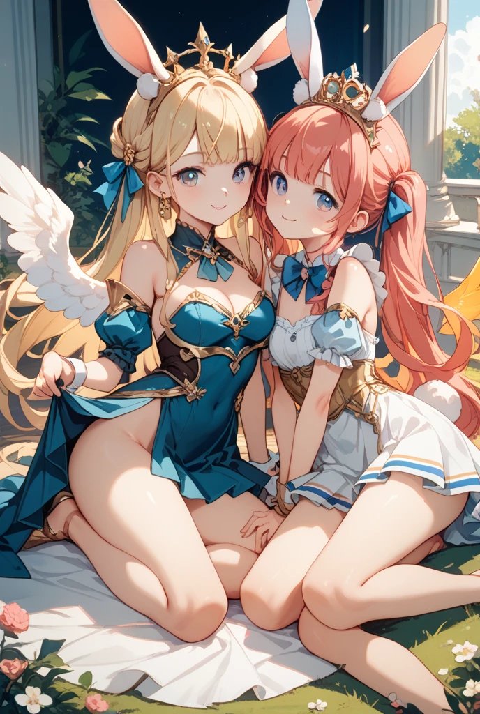 ((highest quality、High resolution))、Blonde、Two cosplay beauties inviting you to sex、No panties、((I'll show you my pussy))、Love juice