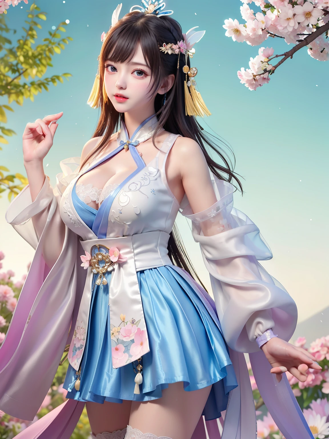 (8k, RAW photo:1.2), best quality, ultra high res,dramatic angle,(fluttered detailed color splashs), (illustration),(((1 girl))),(long hair),(rain:0.9), (Headdress:1.4),There is an ancient palace beside the girl,Hanfu,(Key Points),Color ink painting,(Splash of Color),Splash of Color,(((colorful))),(sketch:0.8) , Masterpiece, best quality, beautiful painted, highly detailed,(denoising:0.6),[splash ink],((ink refraction)), (beautiful detailed sky),moon,highly,detaild,(masterpiece, best quality, extremely detailed） CG Unity 8k Wallpaper，masterpiece，best quality，Ultra Detailed），（Lycoris）.shoulder ballet dress open V-chested clothes Thin silk lace dress short skirt , (huge ，cleavage),, white pink, blue ，best qualtiy，tmasterpiece，Ultra-high resolution，（Reality：1.4），RAW photogr，（True skin texture：1.3），（filmgrain：1.3），（Selfie angle），1个Giant Breast Girl，Beautiful eye and face details，tmasterpiece，Best quality at best，，The chest more exposed， detailed hair, bra pink , detail 8k, full body, lace petticoat. play guzheng