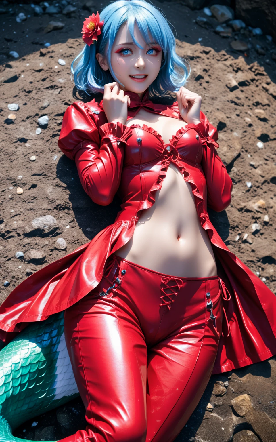 stars, movie, a gorgeous Harley Quinn standing on sand wind in the hair, happy posing, masterpiece