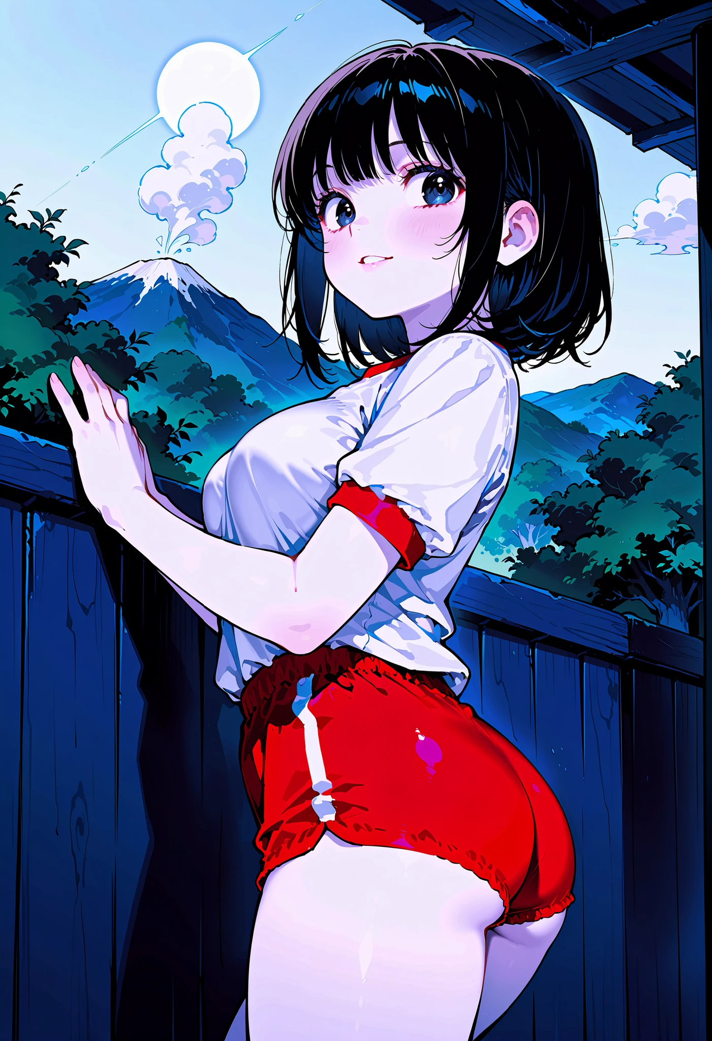 score_9, score_8_ up, score_7_ up, ultra detail , absolute resolution , 32K,masterpiece, Highest Quality , S uper High Definition, Please take good care of your beautiful face and eyes, is a beautiful Japanese woman overflowing from her uniform peeking out from below , Glossy bob-cut black hair , 嬉しそうなsmile, (Hot Eyes , beautiful dark eyes), (Classical Navy Blue White School Gym Clothes, bloomers to hug), ( Highly Detailed Beautiful Faces ), ( Highly detailed CG integrated 8k wallpaper), ( detailed RAW pictures of girls ), Beautiful Teeth Alignment at the Volcano , Her Nipples Stand Up , LIP GLOSS, viewers' View , Within sight, perfect hand in h, ( Perfect Anatomy), ( white skin with a sense of transparency like silk), Beautiful eyelashes, (Natural Breasts, Surimi Waist, Natural Ass), smile, beautiful nature park background , angle from below, looking up from below,