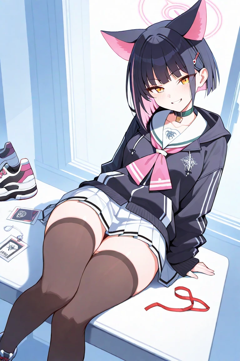 1 girl, sitting, socks, no shoes, looking at viewer, smiling, sitting on floor, black socks, (sketch:1.25), best quality, (((perfect feet))), multicolored hair, high res, masterpiece, supersharp,
