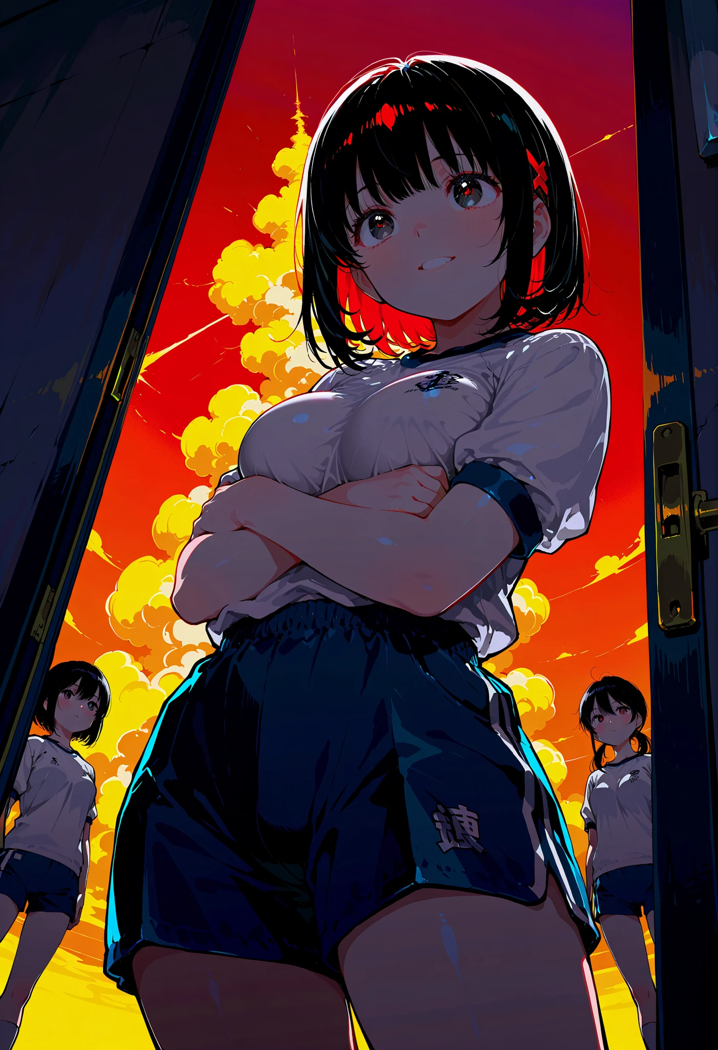  score_9, score_8_  up, score_7_  up,  ultra detail ,   absolute resolution , 32K,masterpiece,  Highest Quality , S uper High Definition, Please take good care of your beautiful face and eyes,  is a beautiful Japanese woman overflowing from her uniform peeking out from below , Glossy bob-cut black hair  , 嬉しそうなsmile, (Hot Eyes ,  beautiful dark eyes), (Classical Navy Blue White School Gym Clothes, bloomers to hug), ( Highly Detailed Beautiful Faces ), ( Highly detailed CG integrated 8k wallpaper), ( detailed RAW pictures of girls ),   Beautiful Teeth Alignment at the Volcano ,   LIP GLOSS,  viewers&#39; View  , Within sight,   perfect hand in h, ( Perfect Anatomy), ( white skin with a sense of transparency like silk), Beautiful eyelashes, (Natural Breasts,  Surimi Waist, Natural Ass), smile, beautiful nature park background  ,  angle from below,  looking up from below, 