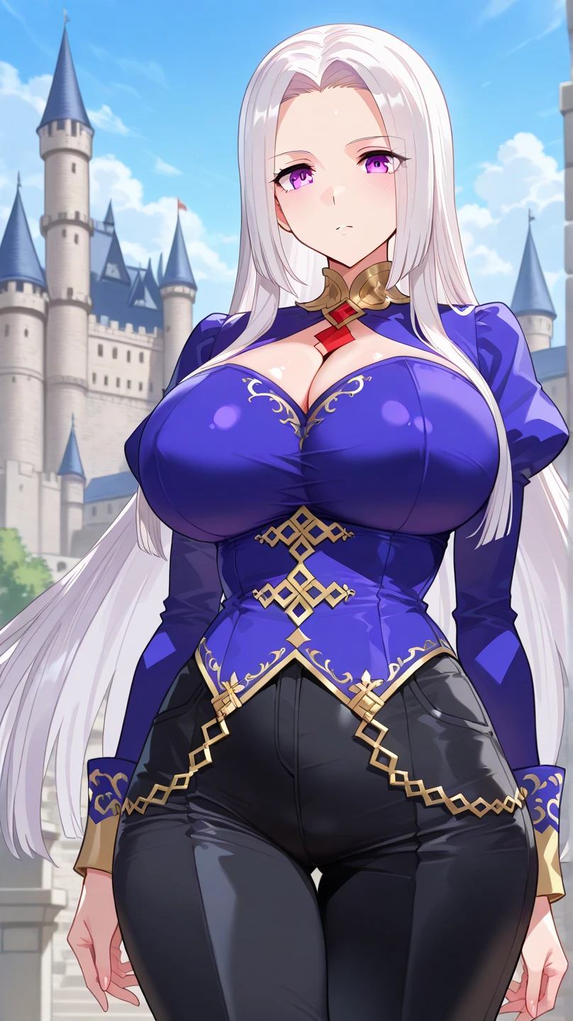 Lian, long white hair, long elf ears, hair stick, bangs, blue eyes, solo, smiling, standing, upper body, hips, bare shoulders,purple thighhighs,violet dress, gold jewelry,armor,gloves,circlet, cleavage, red and gold royal castle, gigantic breasts, (best quality, masterpiece, beautiful and aesthetic:1.2, highest detailed face, perfect face,) eyes, perfect face,expressive eyes,
looking at viewer, in the center of the image,(Upper_body),(Focus on her face),
official art,extremely detailed CG unity 8k wallpaper, perfect lighting,Colorful, Bright_Front_face_Lighting,shiny skin,
(masterpiece:1.0),(best_quality:1.0), ultra high res,4K,ultra-detailed