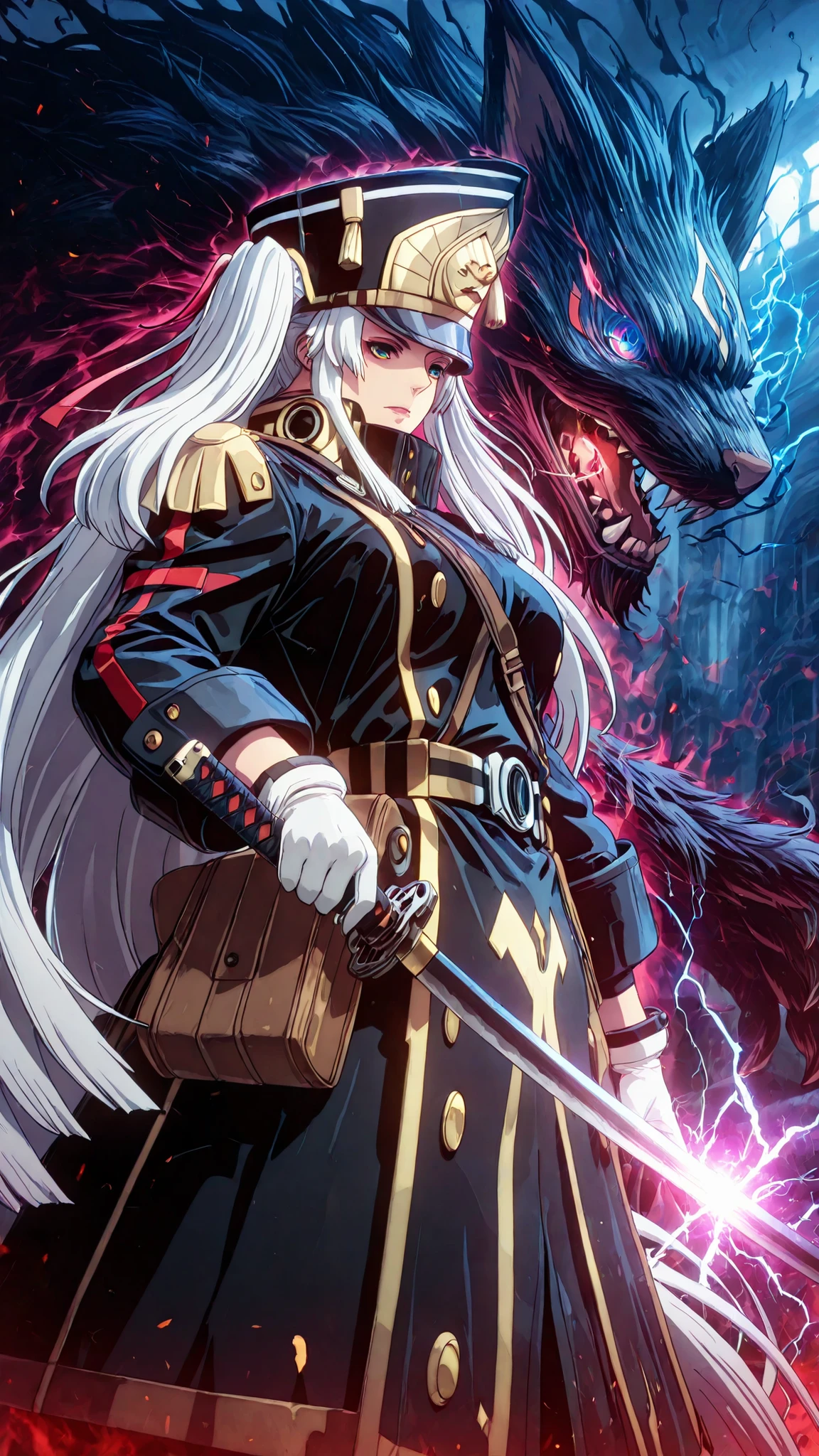 ggstduel, (mogiki hayami:1.4), anime coloring, ((Cinematic, unreal engine, eye-catching, ambient occlusion, UHD, masterpiece)), ((perfect lighting, dim lighting)), comic, score_9, score_8_up, score_7_up, score_6_up, score_5_up, score_4_up, uncensored, detailed background, vignetting, masterpiece, high quality, absurdres, best quality, very aesthetic, newest, digital art, trending on ArtStation, ((anatomical correct)), perfect body, perfect eyes, perfect fingers, gasping, heavy breathing, gasping profusely, ((skindentation)), ((curvy)), white hair, absurdly long hair, shako cap, sidelocks, two side up, hair ribbon, multicolored eyes, square pupils, plump, weapon, sword, holding, holding_weapon, holding_sword, gloves, solo, looking_at_viewer, katana, purple_theme, white_gloves, glowing, glowing_eyes, long_sleeves, monster, standing, coat, ((dark aura, black aura)), glowing eyes, electricity, epic, sparkle, particles , glowing,ember