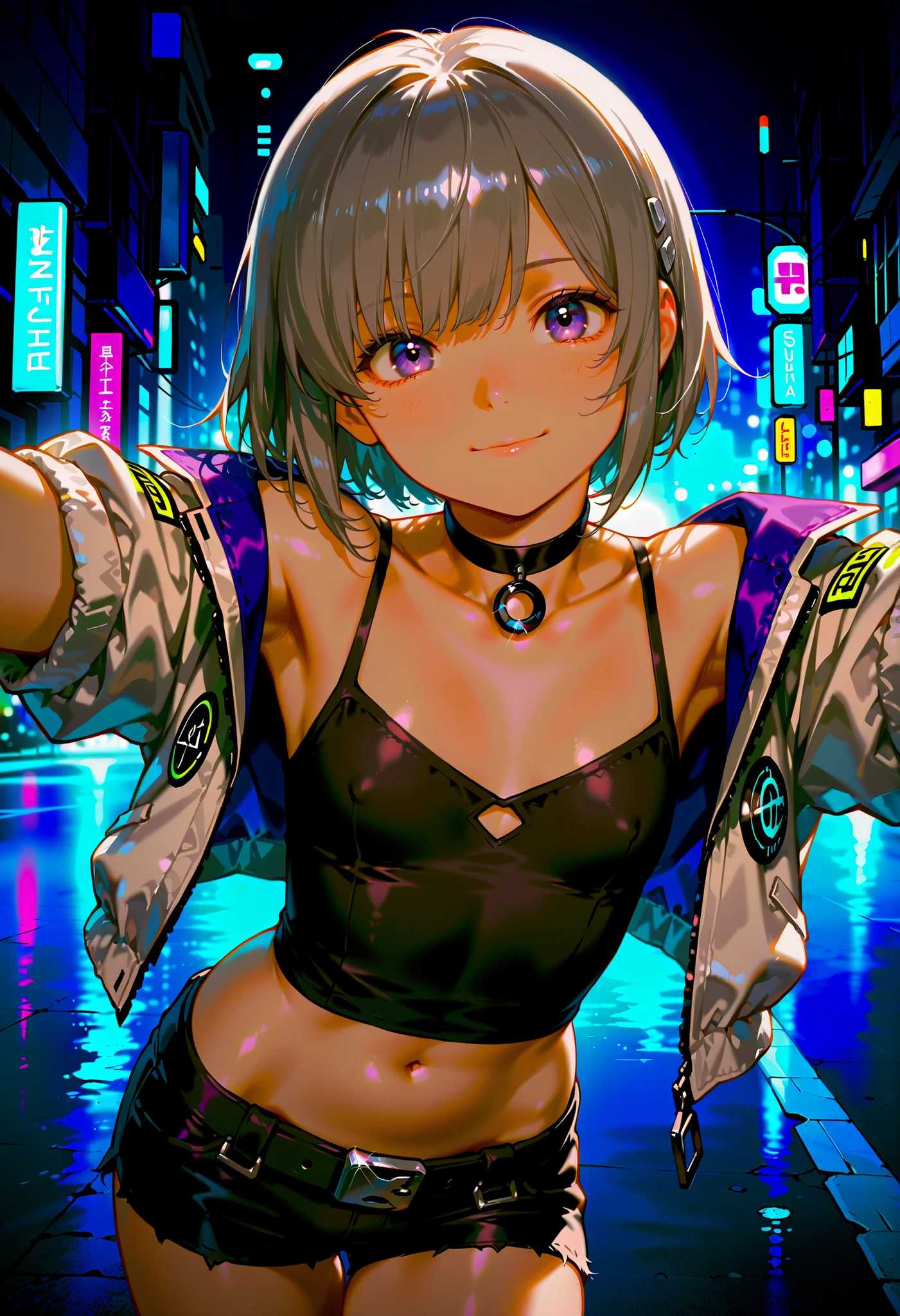 ((8k, Highest quality, masterpiece: 1.3)),Ultra-high resolution,(1 girl, alone), (Color changing eyes, Ultra-detailed, Expressive brilliance, Glitter, Glowing Eyes), Highly detailed eyes, Highly detailed face, Random Hair, ((pastel colour)),A young woman with short, pastel lavender hair styled in a playful bob cut. She is standing in the shallow end of a rooftop infinity pool at night, with city lights twinkling in the background. She wears a sleek, metallic silver bikini with a halter neck and cutout sides, giving her a modern and edgy look. The camera angle is from above, capturing her as she looks up with a confident smile, her eyes reflecting the city lights. The water around her glows with the reflections of the illuminated skyscrapers, and a gentle mist rises from the pool, adding a sense of mystery and allure to the scene.