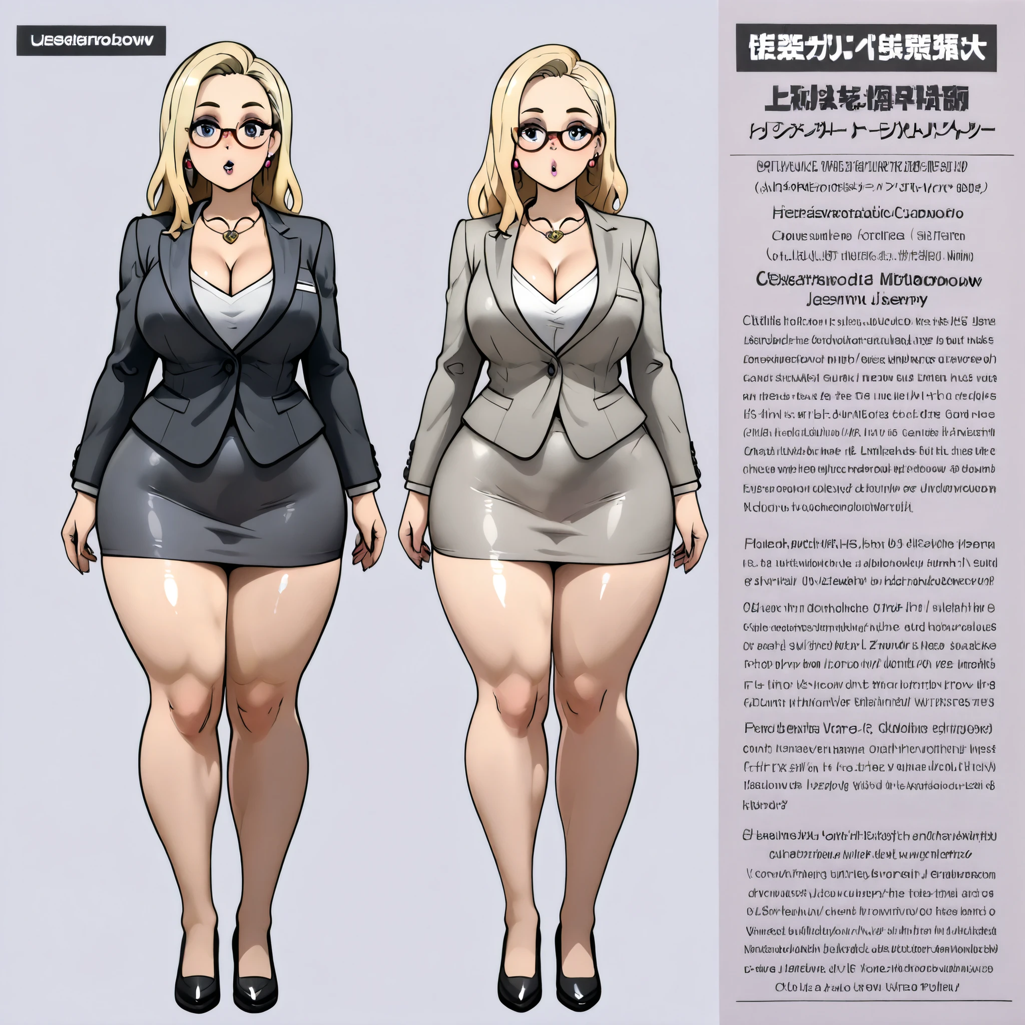 JessicaMcCarney, sexaroid , long blonde hair, glasses, jewelry, earrings, necklace,cleavage, suit jacket,, extreme detail, masterpiece, grey pencil skirt, wide hips, thick thighs, small black high heels, zombie is sucking her breasts, sales catalog , sexy pose, selling herself, description text