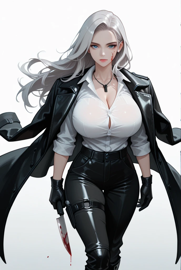 (masterpiece, 8k, 4k, extremely detailed, dynamic shading, best quality, absurdres:1.4) nice hands, perfect hands, sexy, (huge tits:1.3), mature, milf, <lora:more_details:0.8> <lora:lora:0.9> Sephiroth (Final Fantasy), long black jacket, (bdsm, belt, chest strap:1.3), full moon, gloves, grey hair, open jacket, (long jacket short skirt:1), long sleeves, sephiroth, simple background, solo, white gloves