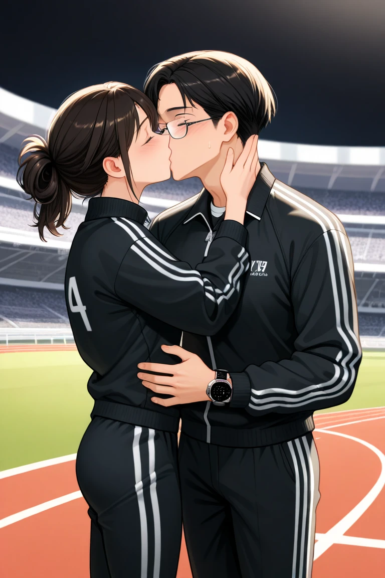 Lynn Loud from The Loud House, brown hair, ponytail, white jersey, red long sleeves, red track shorts, white knee-high socks, black cleats, kneeling, side view, blowjob, soccer court, 3d