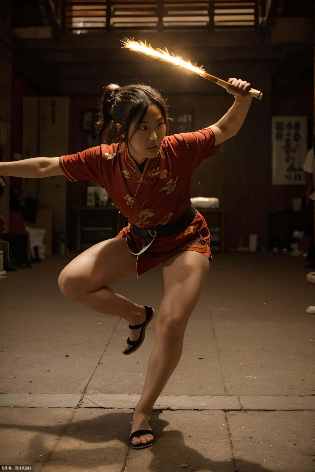 8k, best quality, highres, realistic, real person, A female martial artist in a fighting tournament, captured in a dynamic pose as she performs a spectacular back spinning kick, soaring through the air. The scene emphasizes her agility and the fluidity of her movement, showcasing the elegance and power of her martial arts skills in a high-energy moment.