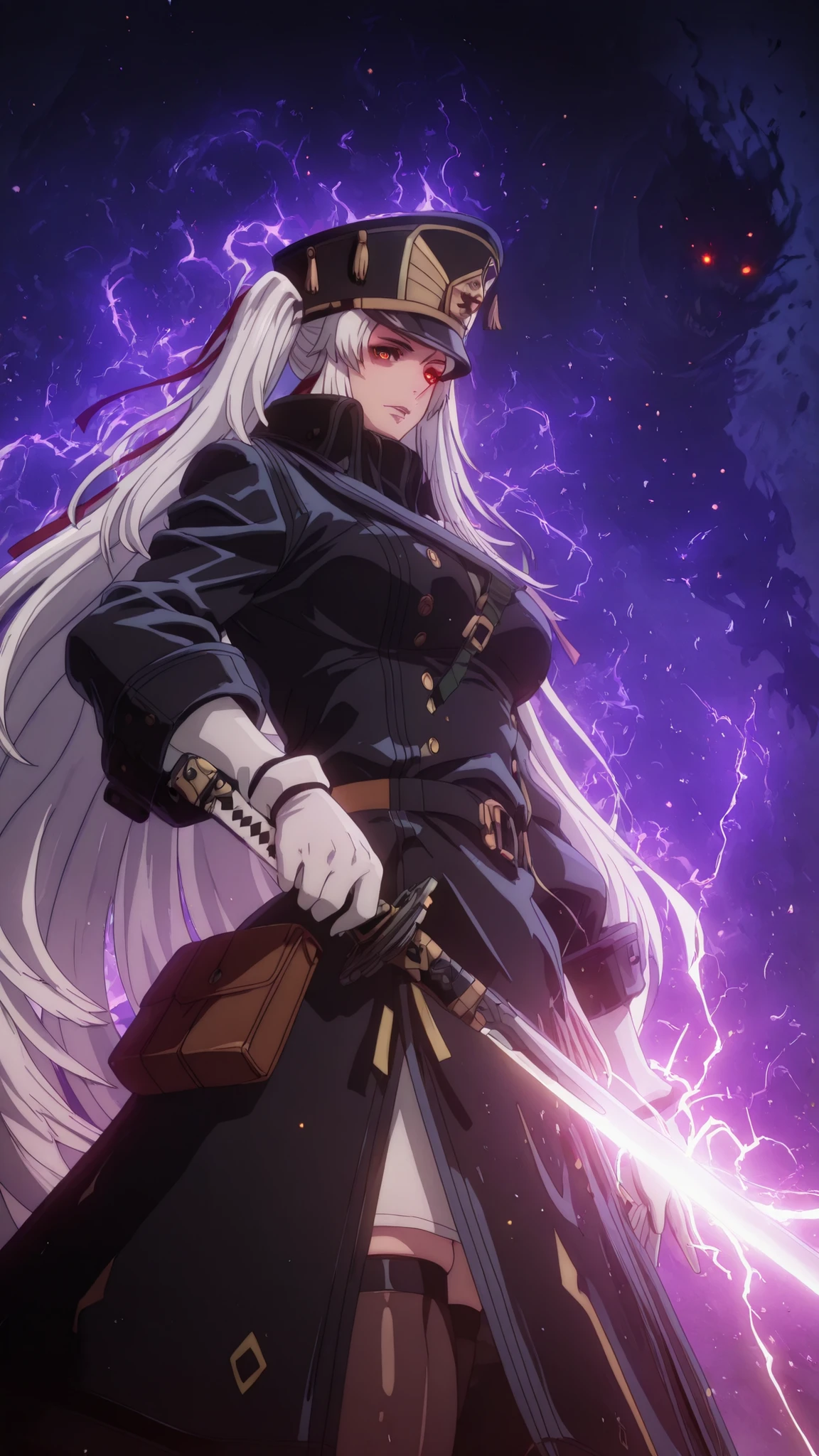 ggstduel, (mogiki hayami:1.4), anime coloring, ((Cinematic, unreal engine, eye-catching, ambient occlusion, UHD, masterpiece)), ((perfect lighting, dim lighting)), comic, score_9, score_8_up, score_7_up, score_6_up, score_5_up, score_4_up, uncensored, detailed background, vignetting, masterpiece, high quality, absurdres, best quality, very aesthetic, newest, digital art, trending on ArtStation, ((anatomical correct)), perfect body, perfect eyes, perfect fingers, gasping, heavy breathing, gasping profusely, ((skindentation)), ((curvy)), white hair, absurdly long hair, shako cap, sidelocks, two side up, hair ribbon, multicolored eyes, square pupils, plump, weapon, sword, holding, holding_weapon, holding_sword, gloves, solo, looking_at_viewer, katana, purple_theme, white_gloves, glowing, glowing_eyes, long_sleeves, monster, standing, coat, ((dark aura, black aura)), glowing eyes, electricity, epic, sparkle, particles , glowing,ember