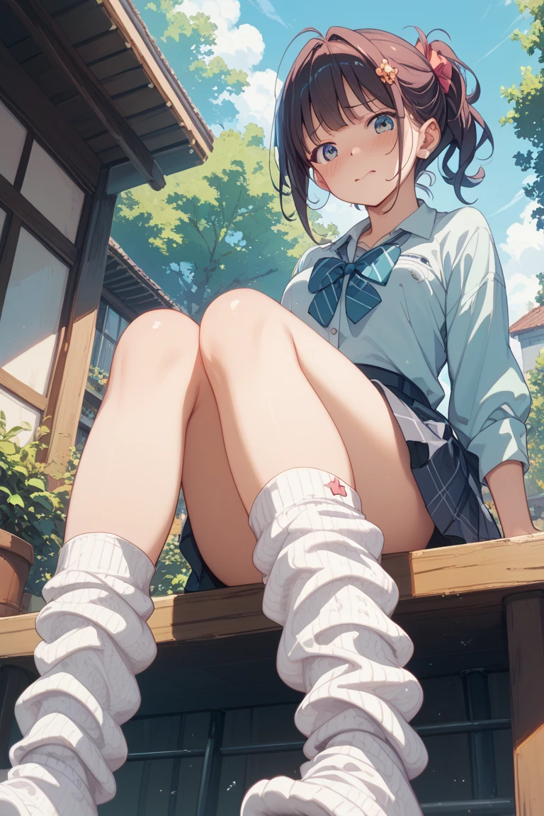 (((alone))),(((1 girl))), beautiful, figure, Highly detailed skin, masterpiece, highest quality, Highly detailed face, Vibrant colors, Depth of written boundary, Cinema Lighting,, One girl, alone, Brown eyes, Brown Hair, hair ornaments,short hair,Red Check Skirt,blush, White shirt, masterpiece highest quality 高解像度、Anna Tanaka , Sit with your knees bent、eight-headed body、Beautiful feet 、On campus、As if looking up from below、Embarrassing,Browsing Caution,White panties,Camel Toe
