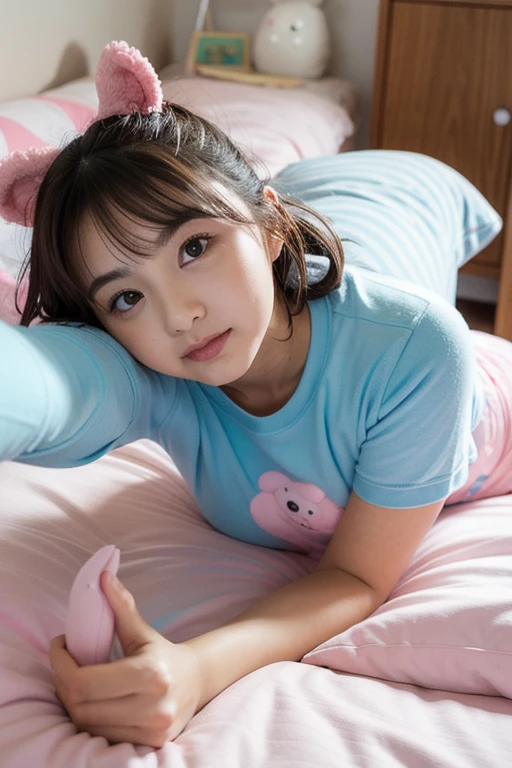 Bright Red in White, (Masterpiece 8K TopQuality:1.2) (ProfessionalPhoto:1.37) ExtremelyDetailed (((PUNIPUNI KAWAII girl in WHITE "SUPER " Printed T-shirt:1.4))) (Lying FullBody on back from DirectlyAbove) glowing body