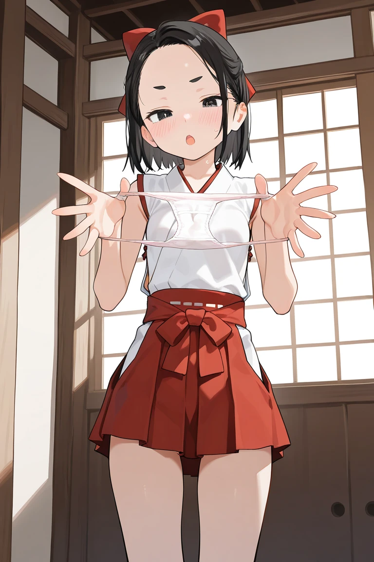 rating_9, rating_8_up, rating_7_up, rating_6_up, masterpiece, source_anime, 1girl, kaguya, black hair, black dress, neck ribbon, white sailor collar, short sleeves, cowboy shot, looking at viewer, indoors, armpits, blush, sweat, <lora:KaguyaPONYXL-000009:0.8>