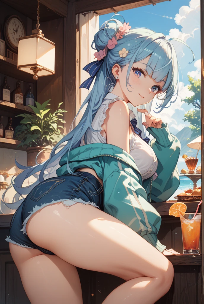 Unrealistic Perspective , dynamic angle , rule of thirds Layout , Bokeh , dynamic fashion model action , realistic hairy fur , round face , moist round eyes , Swollen cheeks , hair ties , Short stature , accidents , Happenings , sensational , Blue haired anime girl in a straw hat and blue dress, artwork in the style of Gweitz, Beautiful anime portraits, Gweitz, Beautiful Anime Girls, beautiful Anime Style, Turquoise hair anime girl, Anime Style. 8k, In the art style of Bouwater, Beautiful digital illustrations, Beautiful character drawings, Stunning Anime Face Portraits, Sit down and show your butt from the front