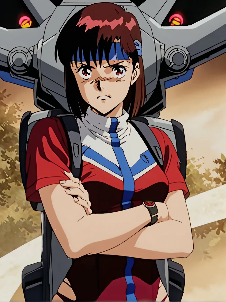 masterpiece,best quality,solo,
<lora:norikotakaya001:0.7>,
norikotakaya,1girl,
medium hair,brown hair,brown eyes,
headband,
short sleeves,leotard under clothes,
wristband,
cockpit,machine,restraint,cable,mecha musume,elbow pads,