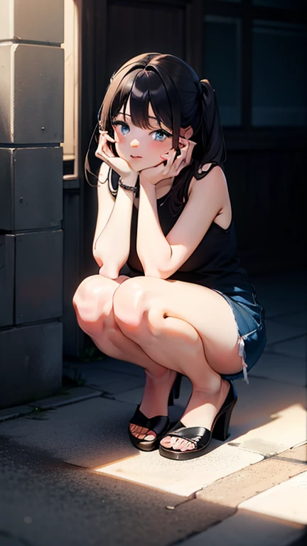 (Person Standing on the Rooftop:1.3),Girl on the rooftop,Simple lineinimalism,Abstract Art,City background, urge to pee, covering crotch with two hands, knees together, feet apart (girl is peeing self:0.395)