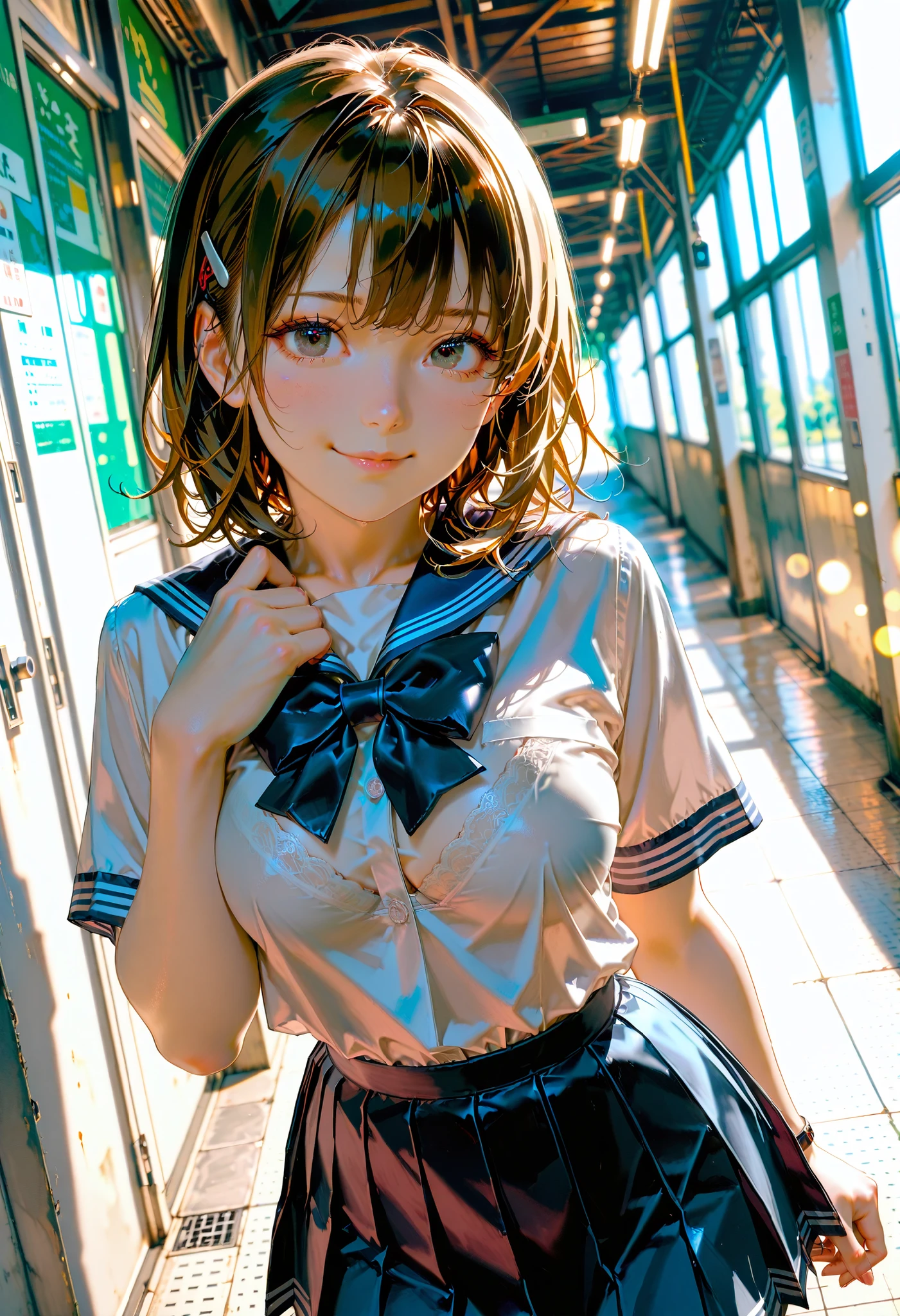 (masterpiece:1.3), (8k、photorealistic,  RAW photos , Highest Quality:1.4), (solo), (1 girl on break day), (beautiful realistic face:1.2), ((Very Beautiful 18 Year Old Japanese Girl)), (perfect symmetrical face), ( beautiful brown hair , bungs),  hair is unkempt, (Photorealistic anime girl rendering with sharp black eyes ,  strong eye highlights , realistic目, Beautiful eyelashes), (  nice smile :1.2), Perfect Anatomy, ( High Detail Skin : 1.2), dynamic angle, Perfect Body, (White short-sleeved shirt with a navy blue collar, Girls&#39; High School Uniforms, dark blue plain pleated skirt, navy blue bow tie, White knee socks, Black leather shoes), (white bra and panties), Accurate Arm, five fingers, Accurate legs, A refreshing morning, ( beautiful landscape painting ), (station, realistic電車, line, stationの階段), volume lighting, Soft light,  bright, neon,  bright色, realistic, Highest Quality, photo-realistic, (upper body close-up with bokeh)