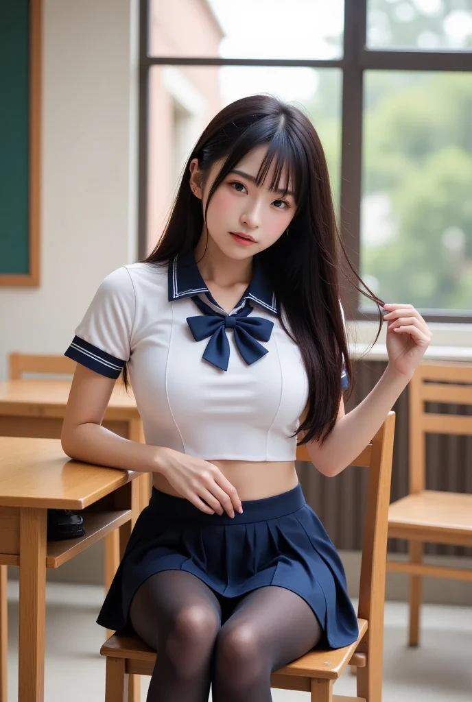 resolution, 1 girl, Watching the audience,Young beautiful Japanese woman, Super cute face, Gorgeous appearance, Large Breasts,Long Bob Hair,smile,(school uniform:1.3),Beautiful Eyes,(indoor:1.3), 混雑した道をsmileで歩く,Glossy lips, Double eyelids on both eyes, Natural Makeup, Long eyelashes, 艶やかで滑らかなライトブラウンのLong Bob Hair, Asymmetrical bangs, Glowing Skin, Center image, 高resolution, High Detail, Detailed hairstyle, Detailed face, Great cinema lighting, Octane Rendering, Vibrant, Surreal, Perfect limbs, Perfect Anatomy, Spreading hair、Slender beauty:1.4、((Saggy breasts:1.4))、Chest exposed、Slim Abs、Curved Waist、(smile:1.2) 、(Pleated mini skirt、Lift up the hem of your skirt:1.2))、Slender and long beautiful legs、Open your feet wide、(Sheer black stockings:1.2)、(Lace panties:1.2、Beautiful pussy exposed、Open up、pussy creampie、pubic hair:1.1)、(From below:1.2)、Backlight、