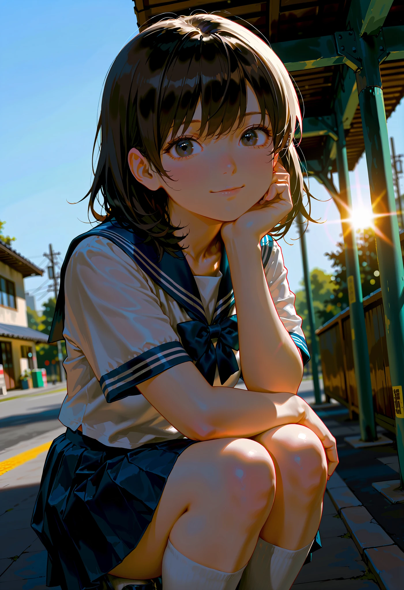 (masterpiece:1.3), (8k、photorealistic, RAW photos , Highest Quality:1.4), (solo), (1 girl on break day), (beautiful realistic face:1.2), ((Very Beautiful 18 Year Old Japanese Girl)), (perfect symmetrical face), ( beautiful brown hair , bungs), hair is unkempt, (Photorealistic anime girl rendering with sharp black eyes , strong eye highlights , realistic目, Beautiful eyelashes), ( nice smile :1.2), Perfect Anatomy, ( High Detail Skin : 1.2), dynamic angle, Perfect Body, (White short-sleeved shirt with a navy blue collar, Girls' High School Uniforms, dark blue plain pleated skirt, navy blue bow tie, White knee socks, Black leather shoes), (white bra and panties), Accurate Arm, five fingers, Accurate legs, A refreshing morning, ( beautiful landscape painting ), (station, realistic電車, line, stationの階段), volume lighting, Soft light, bright, neon, bright色, realistic, Highest Quality, photo-realistic, (upper body close-up with bokeh)