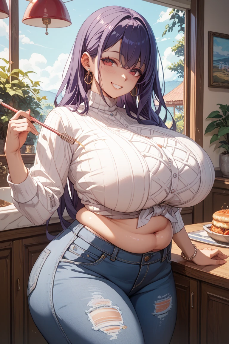 masterpiece, best quality, 1girl, purple hair, long hair, purple eyes, cute, (jeans, sweater:1.2), kitchen, (curvy, slim waist, gigantic breasts, bursting breasts, bottomheavy, gigantic ass, gigantic thighs, insanely wide hips:1.1)
