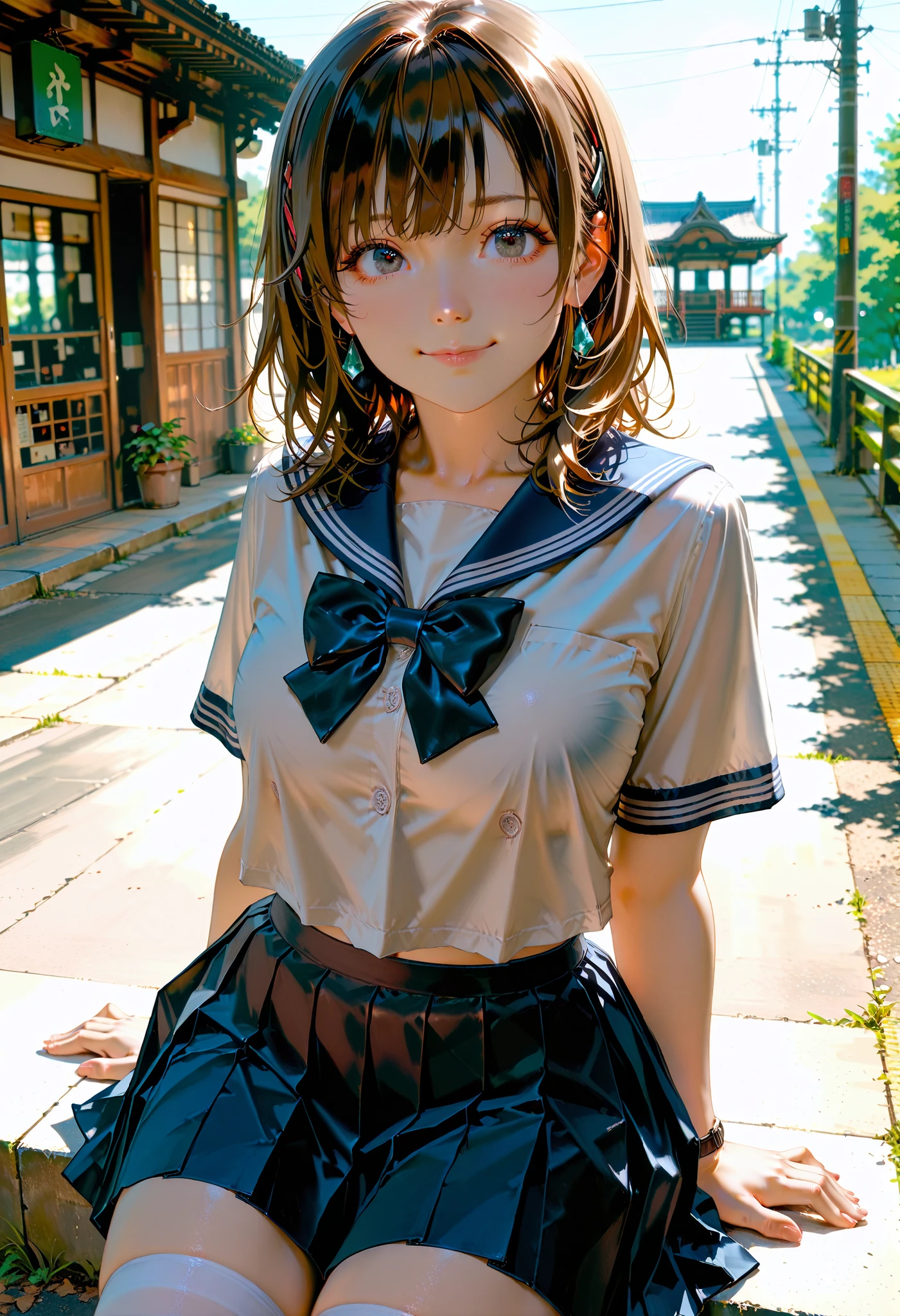(masterpiece:1.3), (8k、photorealistic, RAW photos , Highest Quality:1.4), (solo), (1 girl on break day), (beautiful realistic face:1.2), ((Very Beautiful 18 Year Old Japanese Girl)), (perfect symmetrical face), ( beautiful brown hair , bungs), hair is unkempt, (Photorealistic anime girl rendering with sharp black eyes , strong eye highlights , realistic目, Beautiful eyelashes), ( nice smile :1.2), Perfect Anatomy, ( High Detail Skin : 1.2), dynamic angle, Perfect Body, (White short-sleeved shirt with a navy blue collar, Girls' High School Uniforms, dark blue plain pleated skirt, navy blue bow tie, White knee socks, Black leather shoes), (white bra and panties), Accurate Arm, five fingers, Accurate legs, A refreshing morning, ( beautiful landscape painting ), (station, realistic電車, line, stationの階段), volume lighting, Soft light, bright, neon, bright色, realistic, Highest Quality, photo-realistic, (upper body close-up with bokeh)