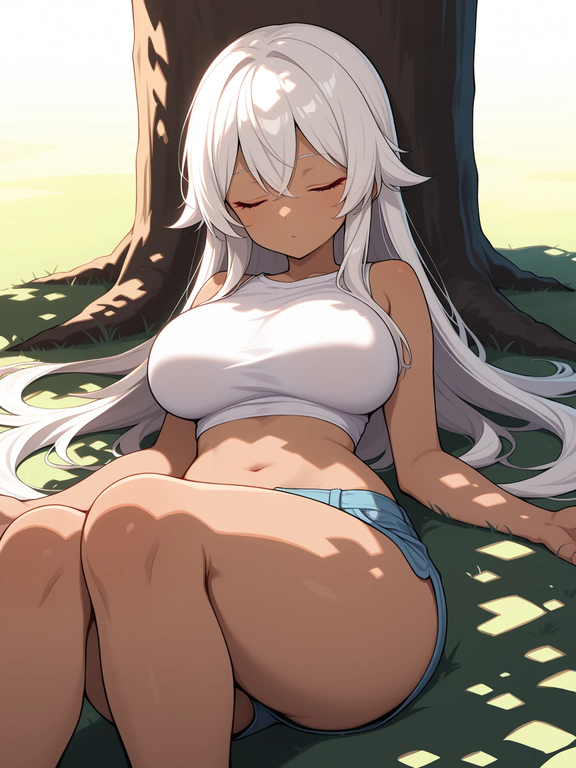 1 girl,Detailed details,long hair of white color,full nude,closed eyes,very big breasts,Large drooping breasts,legs spread wide,Sleeping,grassland,beautiful scenery,big nipples,Open genitals