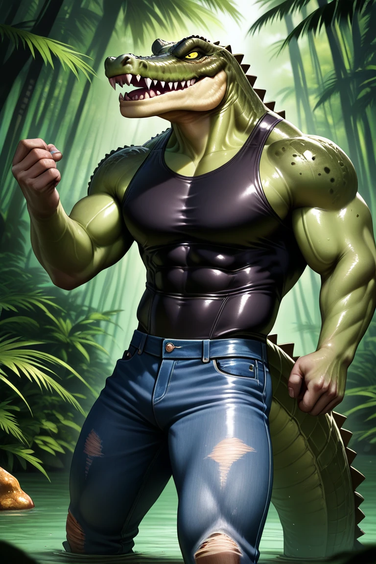 masterpiece, Best Quality, male, (((Alone))) the second, sweaty muscle, cuban crocodile, yellow, scales, cola, shirtless, leather pants, standing, smiling, decolaed green eyes, inside, dark shadow, bust portrait, simple background, full body standing forward 