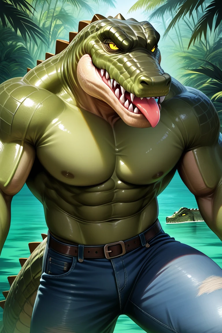 Depth of fields, perfect lighting, light particles，（Best Quality), (Masterpiece）, (ultra-detailed, sharp focus, light particles, inij，green crocodile male，adolescent ，teenage temperament，eyes，purple eyes ，Waist crossed with one hand,  Sun rays，City，mysterious smile, hard penis under underwear, naked, view from behind, Follow five author