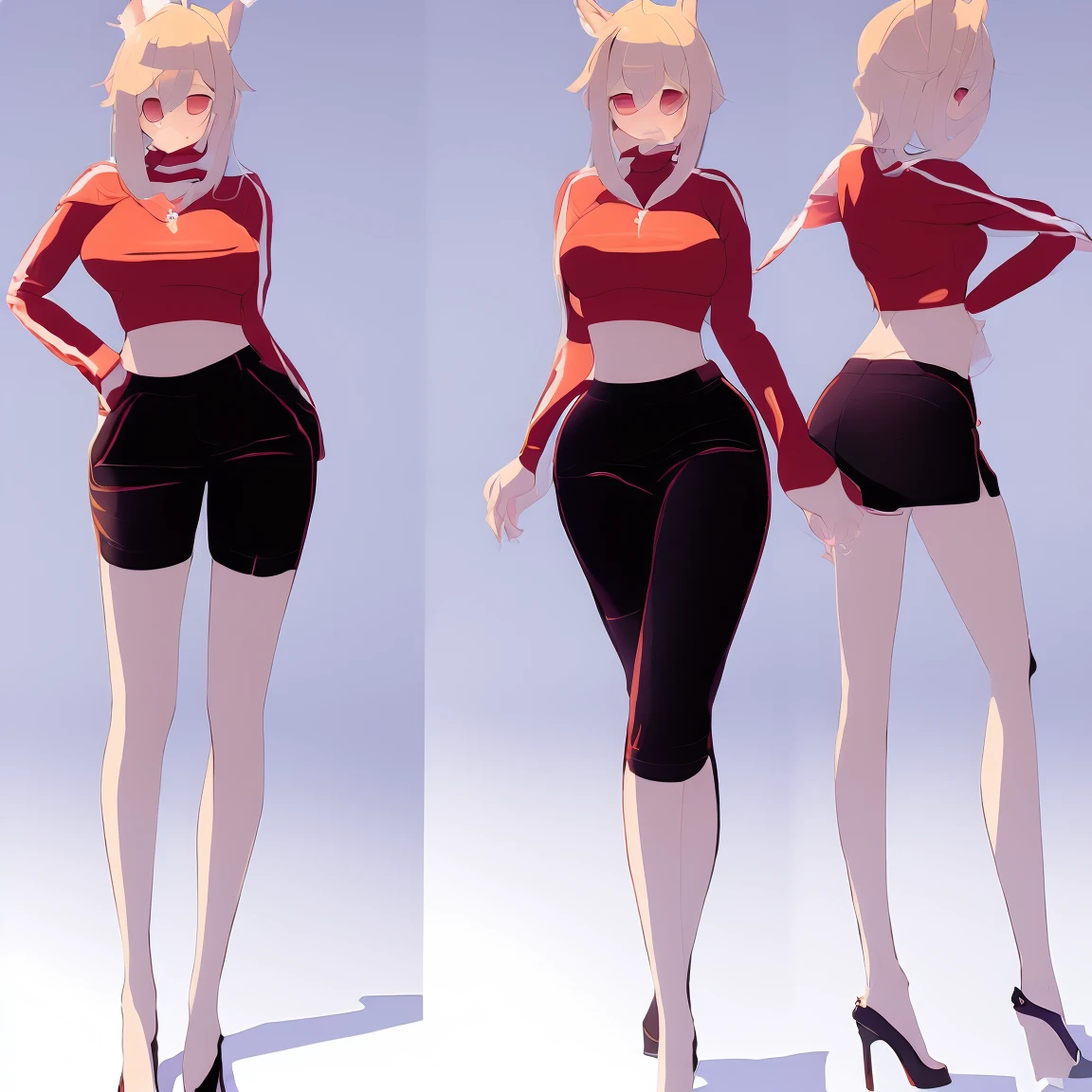 high quality 4k, maximum image sharpness. name zoe. 20 year old teenager, beautiful angelic face. red pupils. White skin color. height 1,70, retail physicist, large and firm breasts, Short blonde hair. Clothes, T-shirt at the height of the abdomen. tight red pants. body detail, straight and firm posture looking towards the camera. happy facial expression