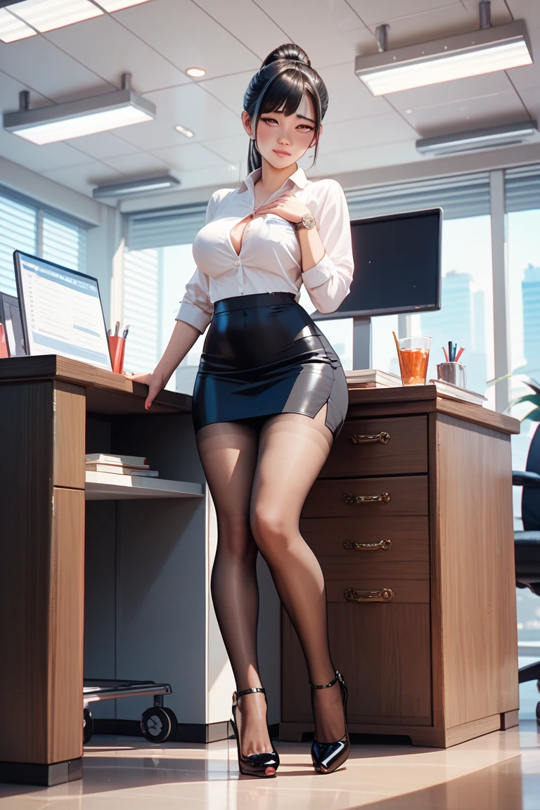 absurd, 8k ,high resolution, Super detailed, beautiful, masterpiece, best quality, (beautiful and delicate silver eyes), (1 girl) ,一个性感beautiful年轻女子担任办公室 OL (female office worker),White button-down shirt,With collar,Black slit skirt,(black pantyhose),long legs ,Leg details,High heel,side ponytail , Bangs,Full body female love,big breasts,split,green hair,