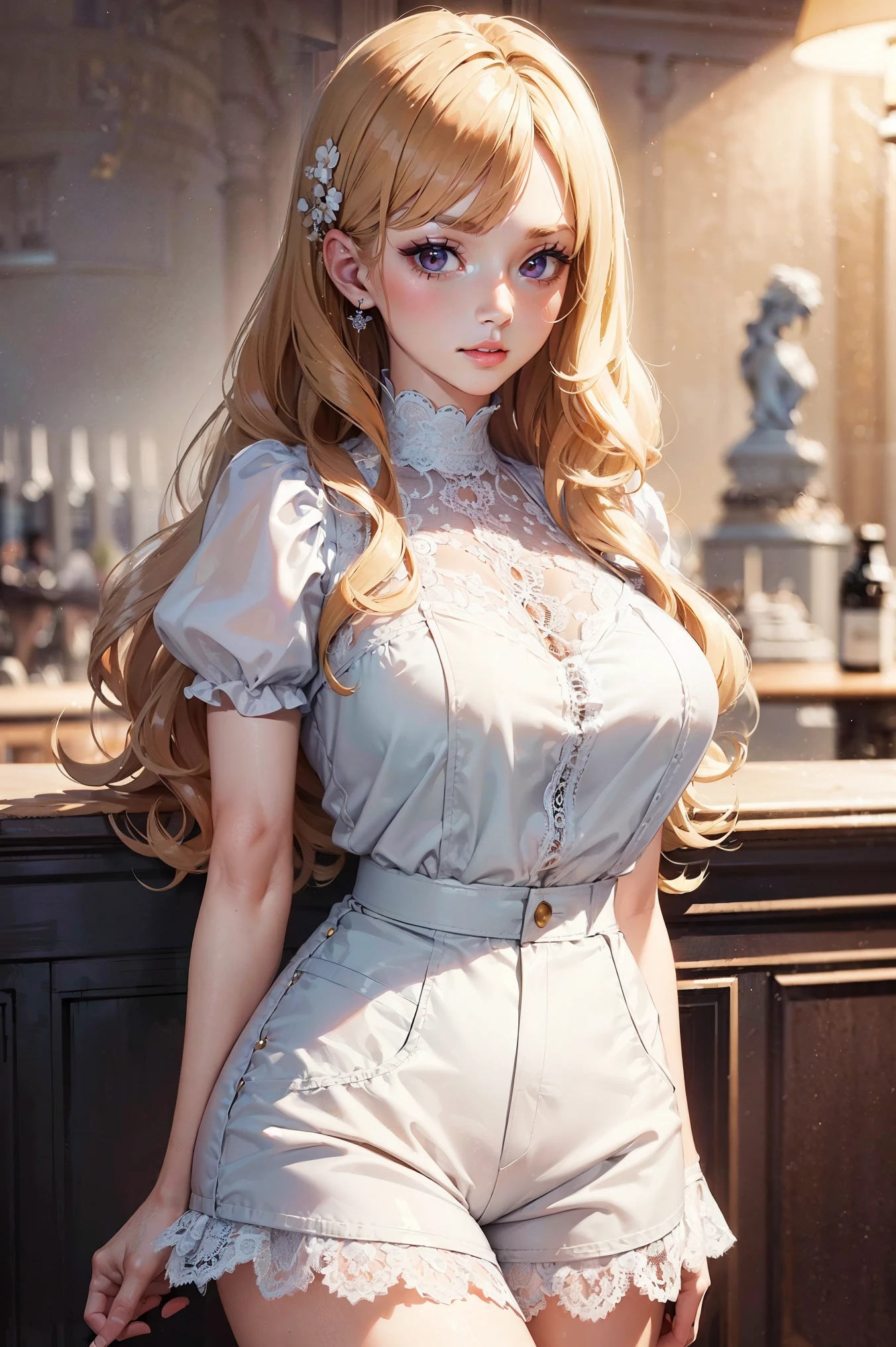 (((Masterpiece,best quality,aburdres))), a top influencer woman, top quality, ultra-detailed, sweet and sophisticated, classic style, fair skin, long curly blonde hair in hair clip, white lace crop top with puff sleeves, white high waist button up shorts, Paris cafe background