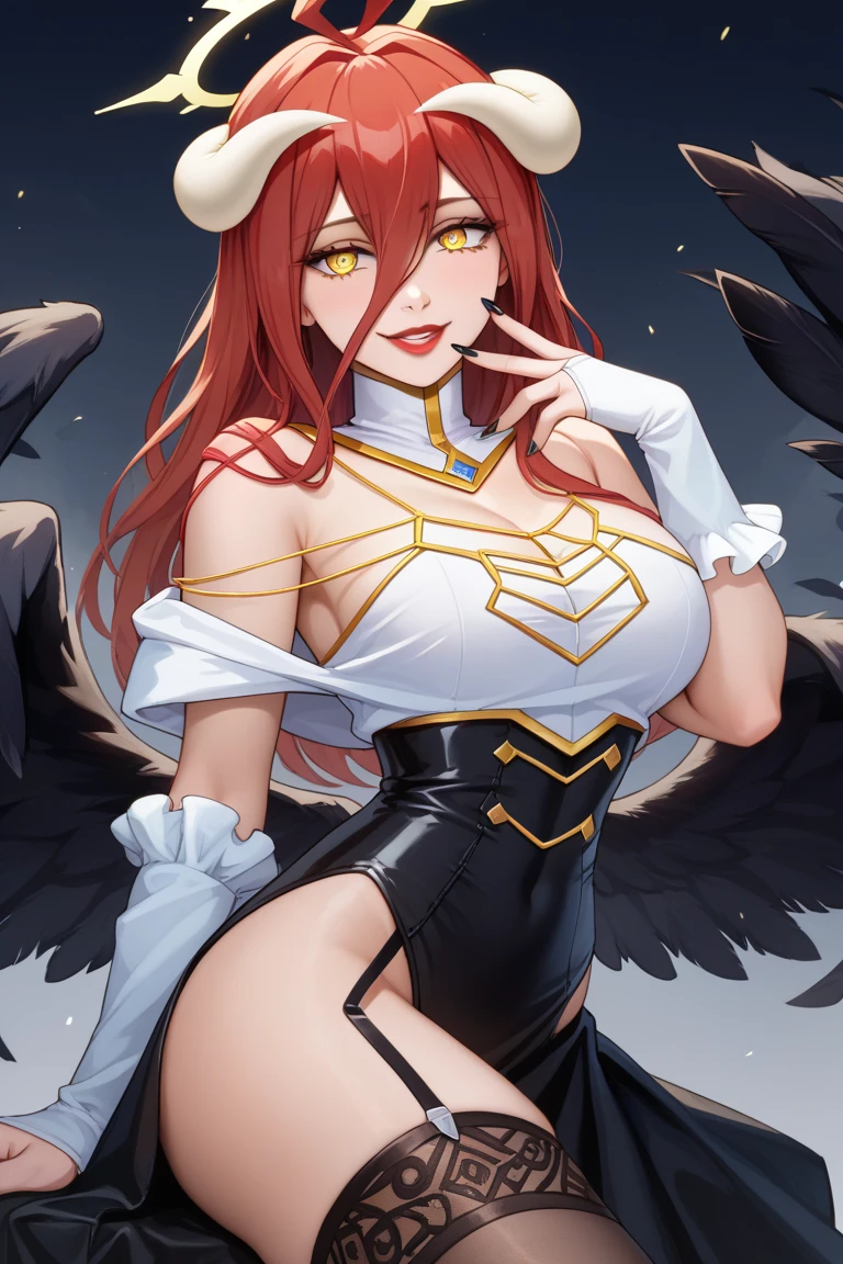 highest quality, ultra high resolution, super detailed, gorgeous, masterpiece, best quality, high resolution finely detailed, extremely beautiful, distinct image, form-fitting elegant dress, hourglass figure, 1 woman, 40 years old, regal yet wild looking facial features symmetrical face, olive brown eyes, plump red lips, sharp eyebrows,, long eyelashes, lightly tanned ivory skin, sharp eagle eyes, flawless skin, flawless curves,  firm and perfect EE-cup breasts, tall height(190cm), voluptuous yet perfect older woman, athletic and flexible physique, puffy flaming red hair, narrow waist, long legs, modern times background, tanned white skin, hip-level shot, sitting down at an elaborate and expensive dining chamber, no excessive fat anywhere on her body