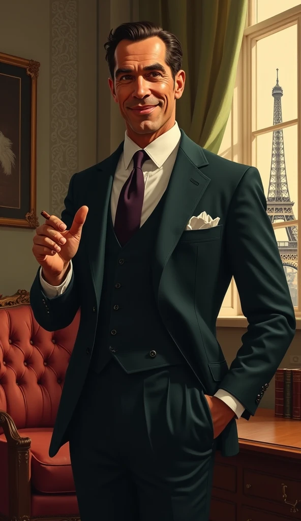 A man: (((blonde hair, hair over shoulder, furrowed brow, amber eyes, fedora, tall, pale white skin, round red lens glasses, beige suit, manly face, smoking cigarette)))), he is with four beautiful and sensual women by his side sitting on a luxurious bed, a red-haired woman, a black-skinned woman, a woman with blue Pixie hair,  a fringed brunette. UHD