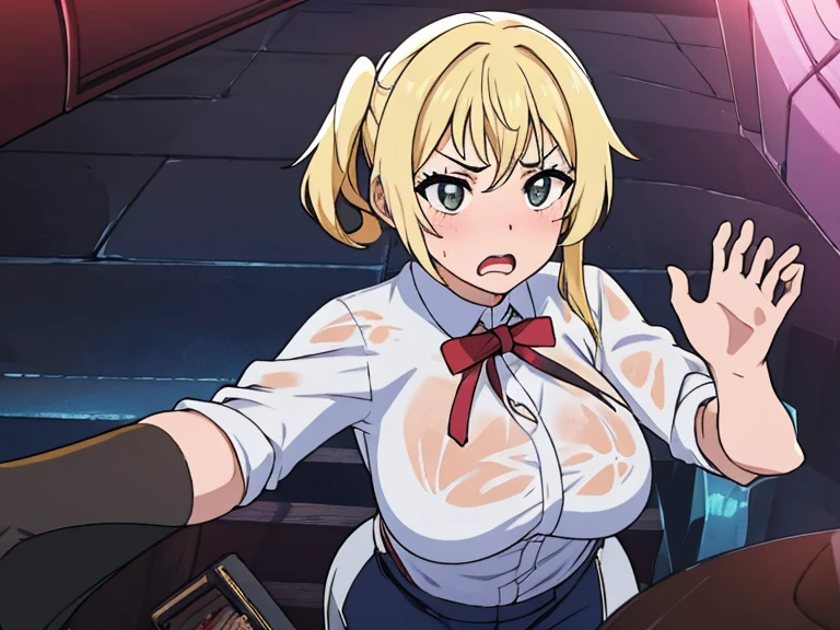 masterpiece, best quality, looking at viewer, upper body, portrait, looking at viewer, angry face, put your hands behind your head, armpits, armpits visible, sweaty armpits, Junko Enoshima, very large breasts, blonde hair, blue eyes , wearing white tanktop, ponytail